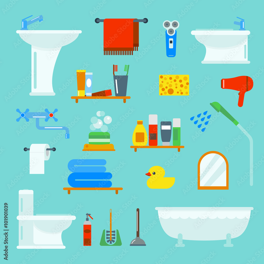 Bathroom and toilet flat style vector icons isolated on background Bathroom and toilet flat style vector icons isolated on background