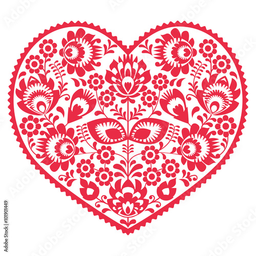 Valentines Day folk art red heart - Polish pattern Wzory Lowickie, Wycinanki