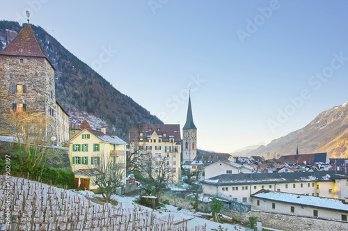 St Martin Church and vineyard in Chur at sunrise