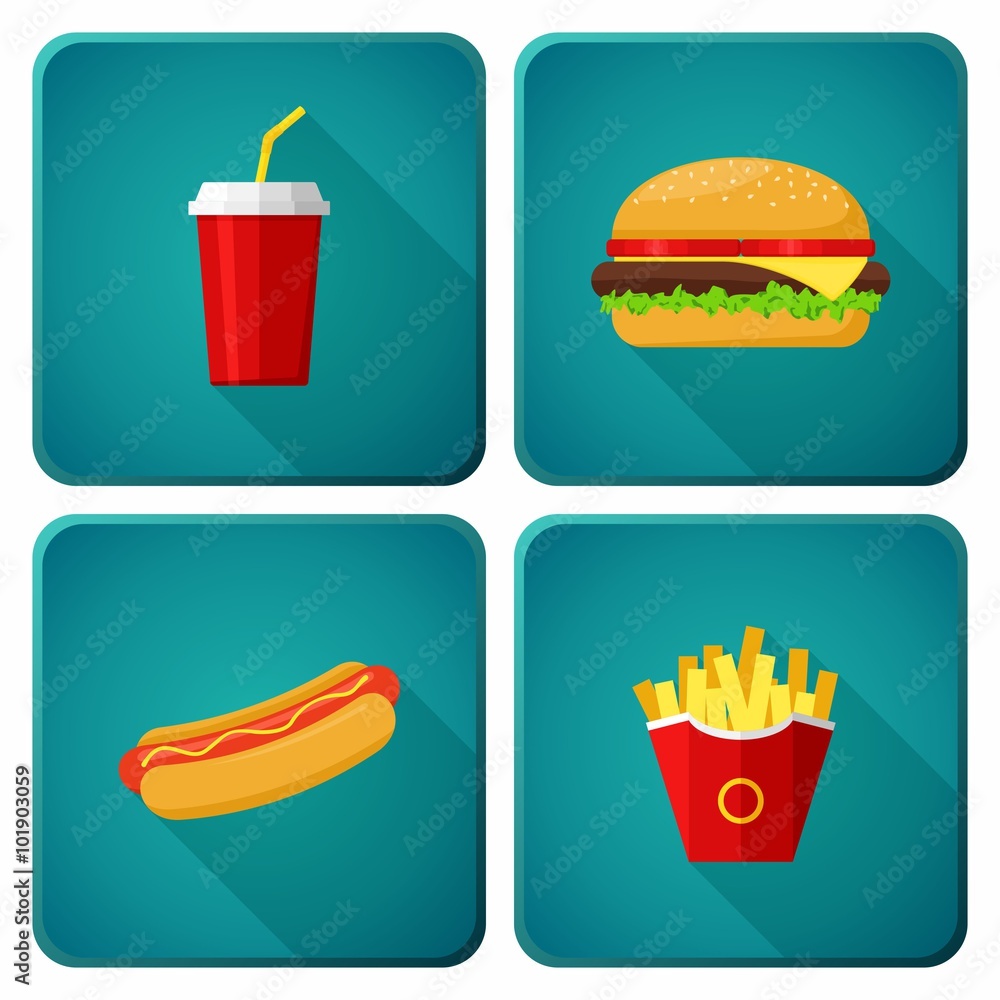 Φωτογραφία Icons set lunch with Hamburger, Hot Dog,  French Fries and Soda