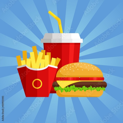 Lunch with Hamburger, French Fries and Soda on blue background. Group of fast food products. Flat design. Vector Illustration
