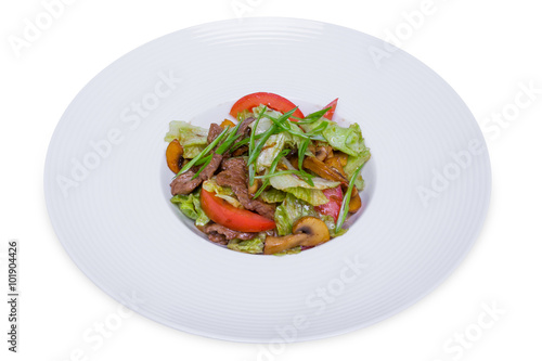 warm salad with veal and roasted mushrooms, isolated, clipping path