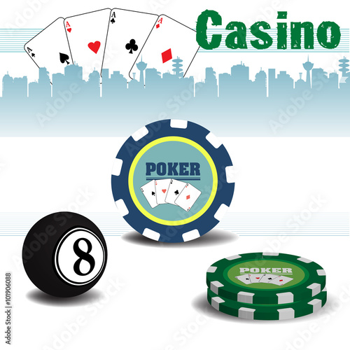 Abstract colorful background with poker chips, billiard ball, poker cards and the text casino written with green letters