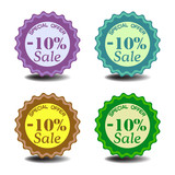 Set of four isolated tags with the text minus ten percent sale, special offer, written on each tag