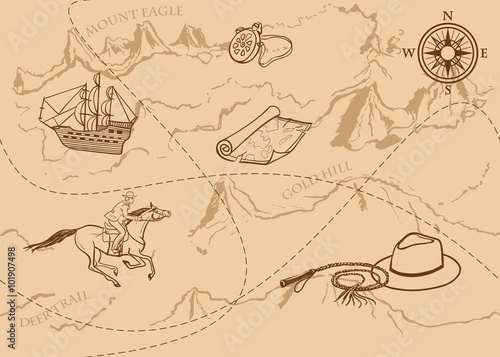 Adventure vintage seamless pattern. Map of treasure with rider, mountains, hills, river, compass and other design elements. Vector hand drawn background. photo