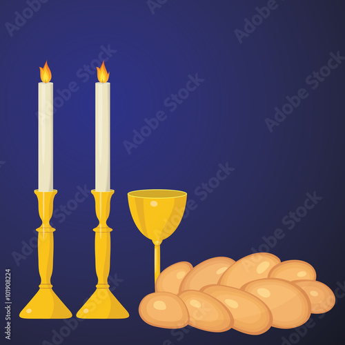 Jewish traditional. Sabbath candles, kiddush cup and challah.