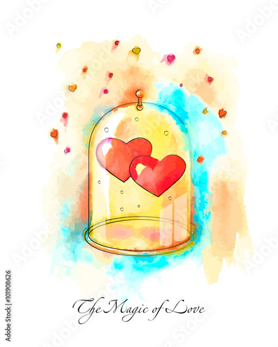 Two red hearts in a glass bubble, watercolor