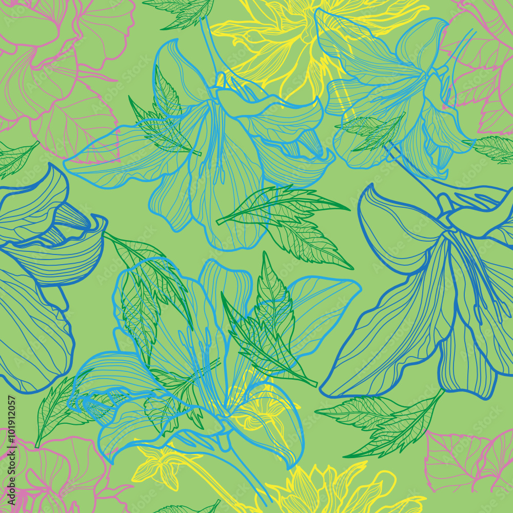 Fototapeta premium Vector seamless floral pattern, freehand drawing - tree from flowers and leafs