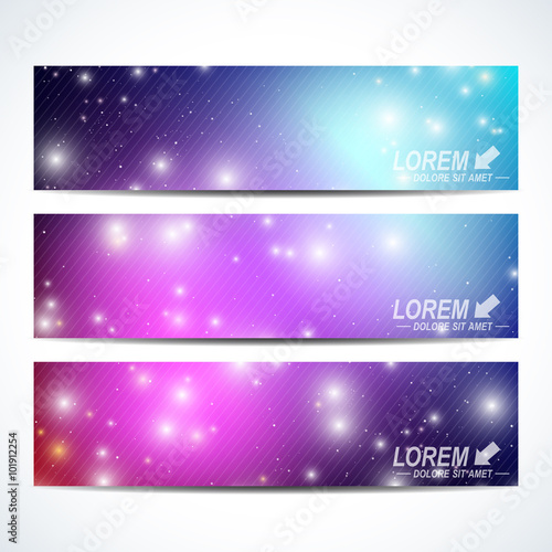 Set of the vector horizontal banners. Background science, connection, chemistry, biology, medicine, technology. Modern design