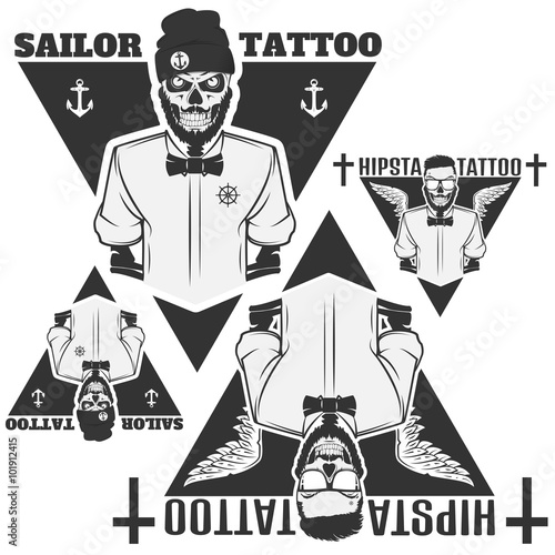 Set of tattooist skeleton masters,sailor and hipster tattoo salon