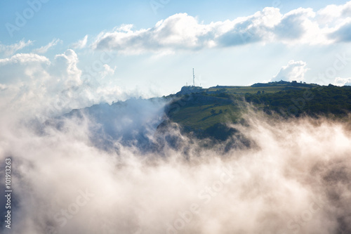 Clouds move below rocks on the mountain Ai Petri, Crimea
