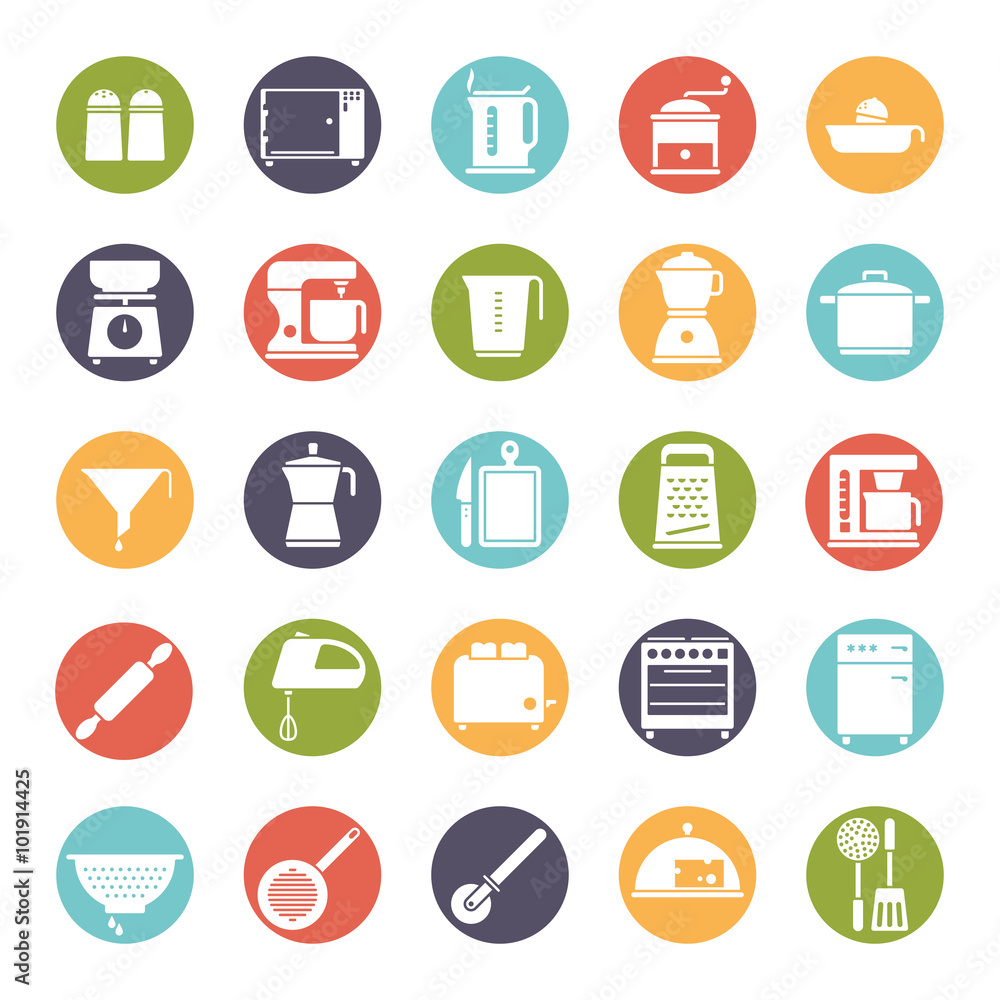 Cooking and Kitchen Solid Vector Icon Collection. Set of 25 kitchen and cooking related icons, negative in colored circles Cooking and Kitchen Solid Vector Icon Collection. Set of 25 kitchen and cooking related icons, negative in colored circles