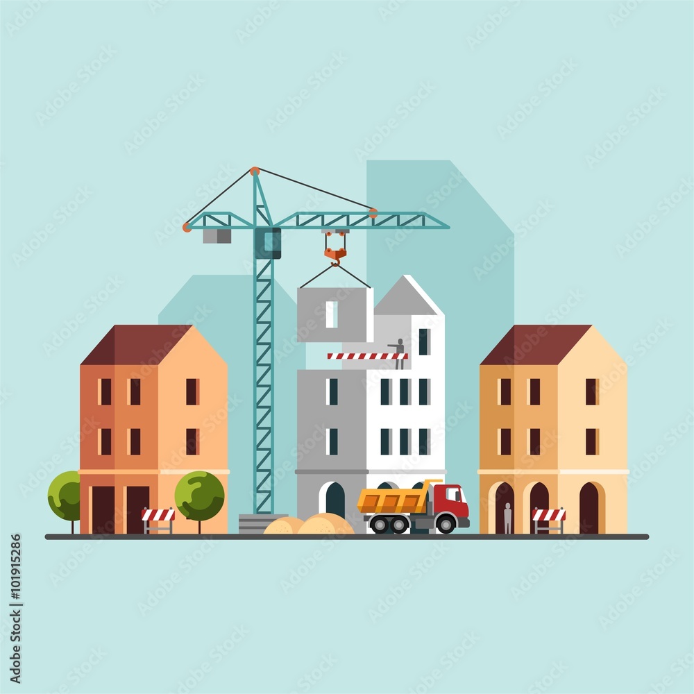 Construction site, building a house. Under construction. Vector illustration.