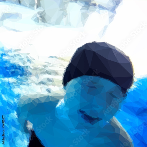 Low  poly design boy floats underwater triangular water
