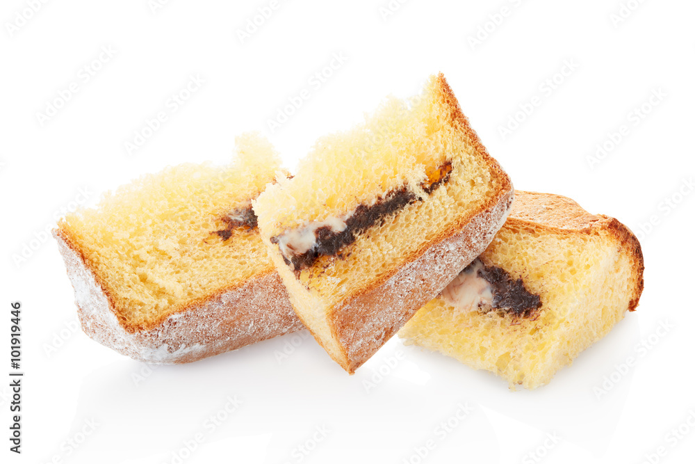 Pandoro, Christmas cake portions with icing sugar and chocolate Pandoro, Christmas cake portions with icing sugar and chocolate