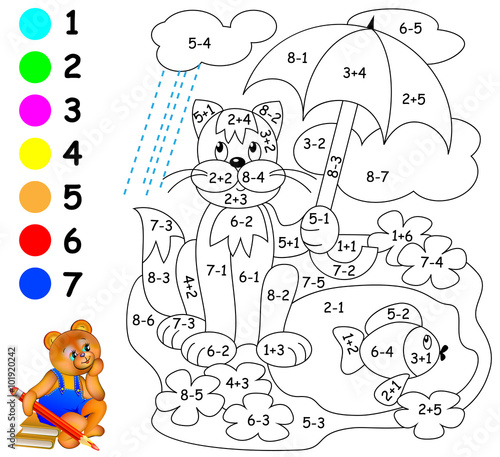 Exercises for children - needs to paint image in relevant color. Developing skills for counting and coloring. Vector image.