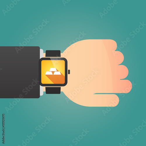 Man showing a smart watch with three gold bullions