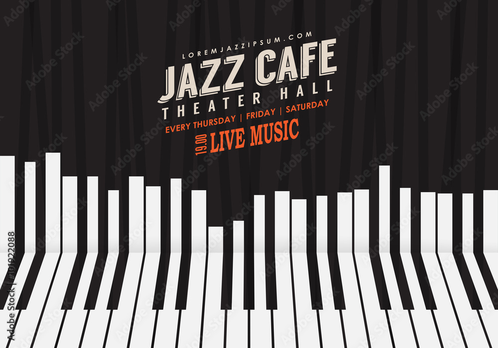 Fototapeta Jazz music, poster background template. Piano keyboard illustration. Website background, festival event flyer design.
