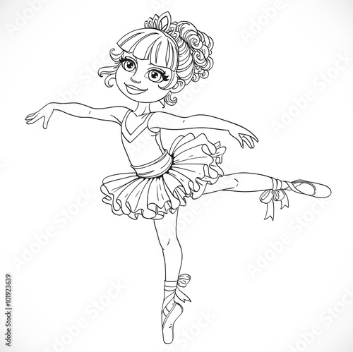 Little ballerina girl dancing in ballet tutu on one leg outlined