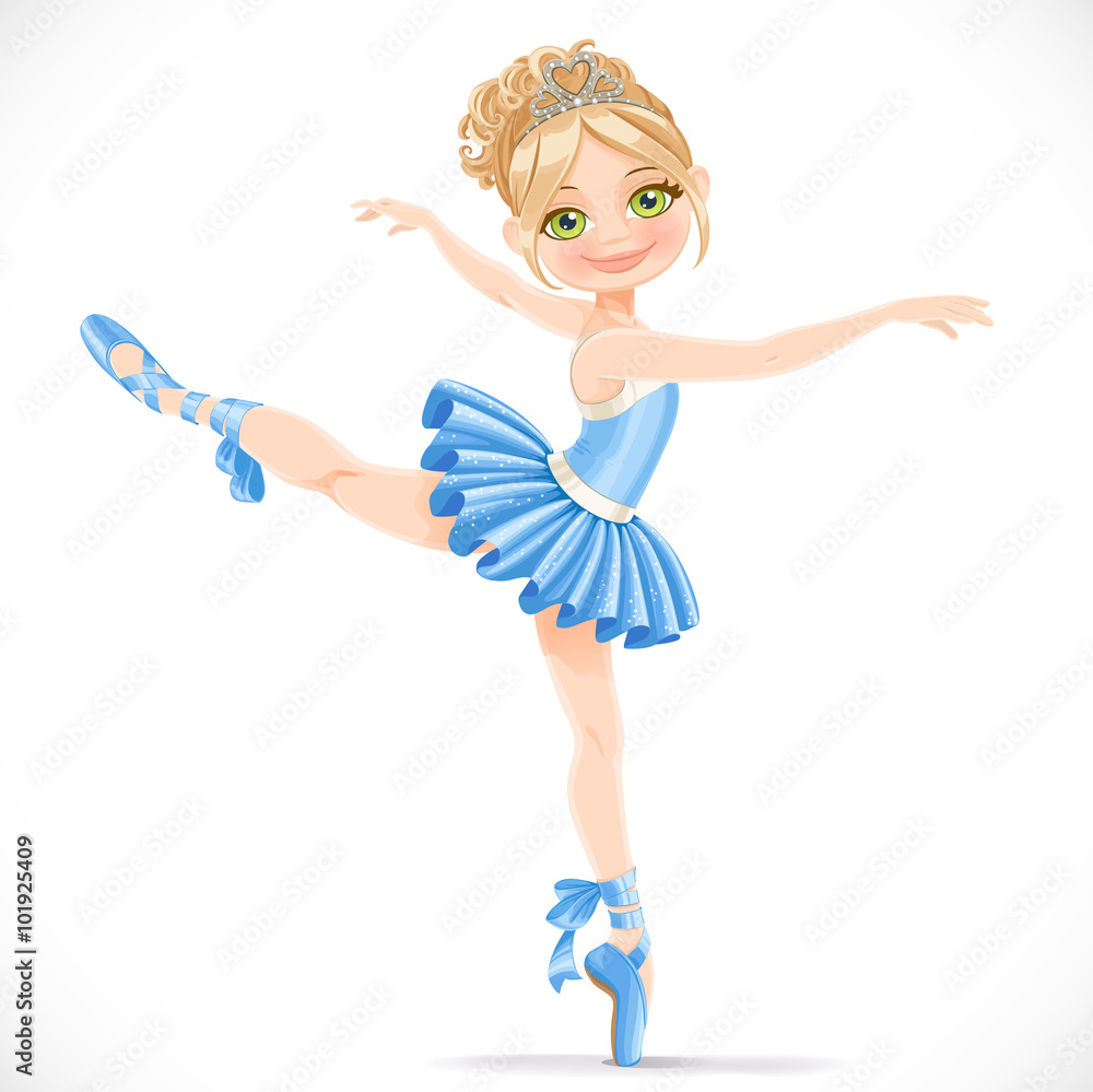 Naklejka premium Ballerina girl dancing in blue dress isolated on a white backgro