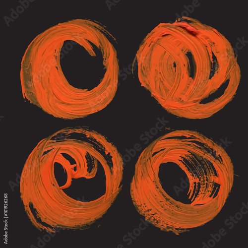 Abstract realistic round strokes drawn thick orange paint on bla
