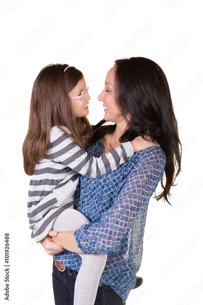 A mother and her daughter bonding isolated on white A mother and her daughter bonding isolated on white