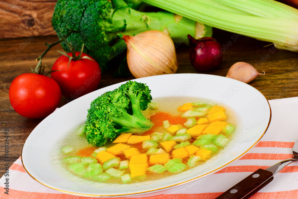 Chicken Soup with Broccoli, Carrots and Celery, Pumpkin and Nood