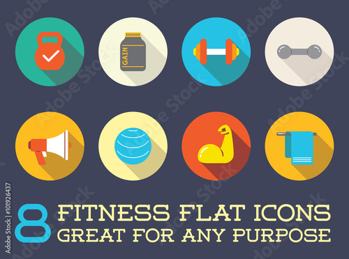 Set of Vector Fitness Aerobics Gym Elements and Fitness Icons Illustration can be used as Logo or Icon in premium quality Flat Icons Style