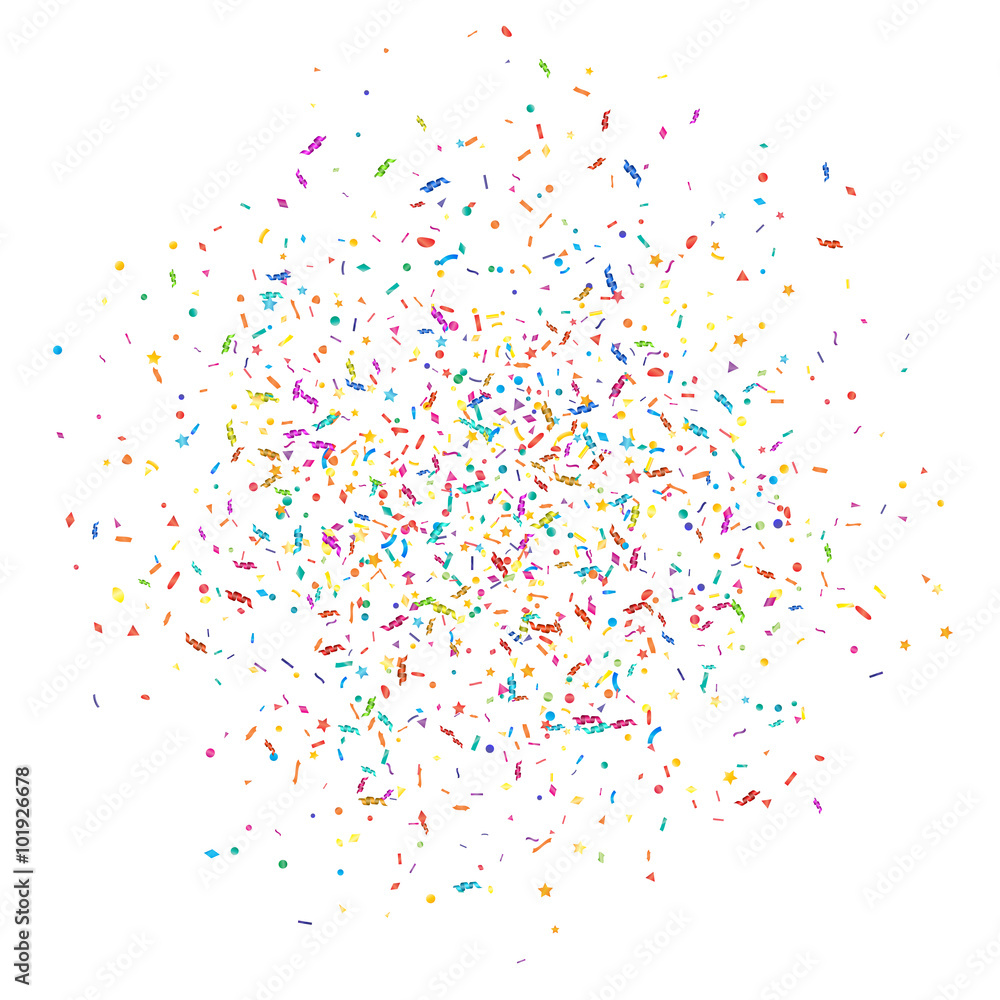 Abstract colorful confetti background. Isolated on white. Vector holiday illustration. - obrazy, fototapety, plakaty 