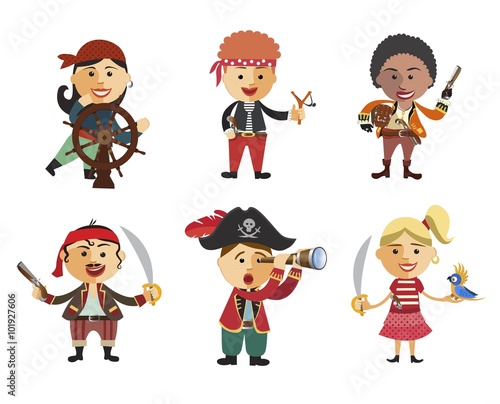 Cute set of children pirates on white background.