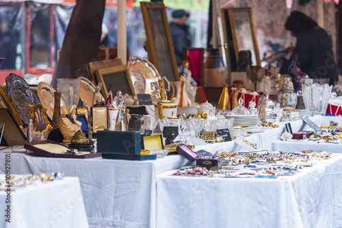 NICE, FRANCE - on JANUARY 11, 2016. Goods in a flea market on Cours Saleya Square. 