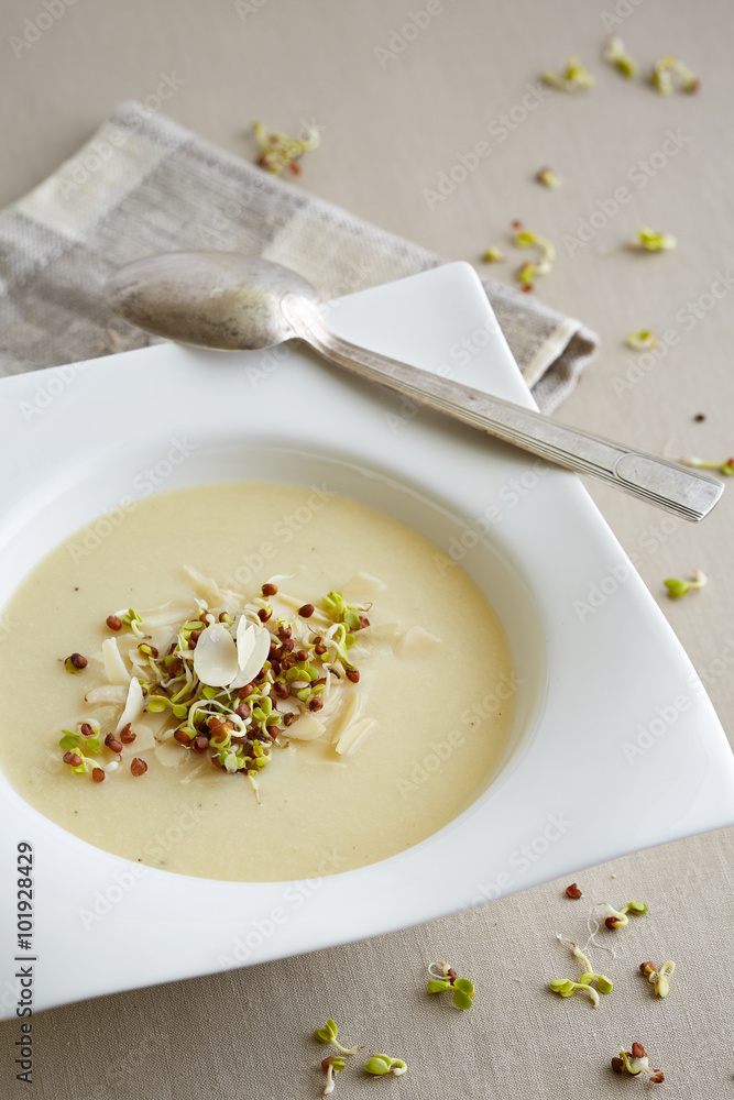 served in a square bowl potato creme soup served in a square bowl potato creme soup