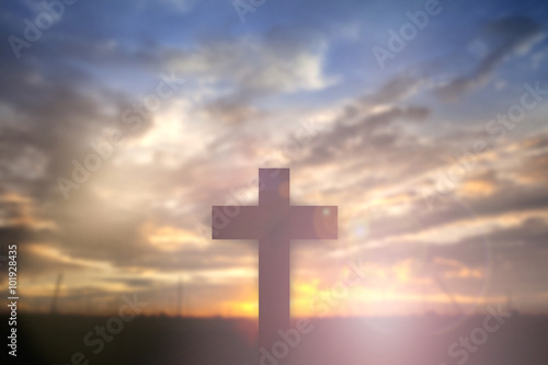 Valokuva Silhouette of Jesus with Cross over sunset concept for religion,