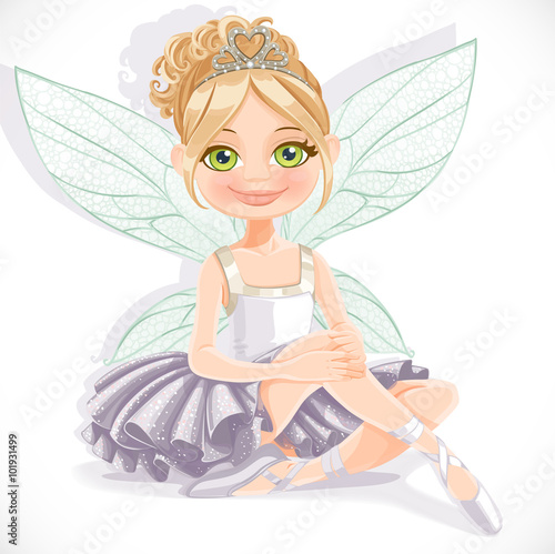 Fairy girl in white dress sit on floor isolated on a white backg