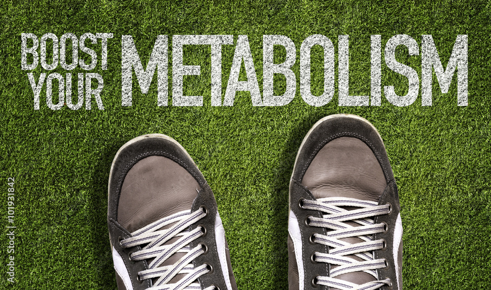 Φωτογραφία Top View of Sneakers on the grass with the text: Boost Your Metabolism