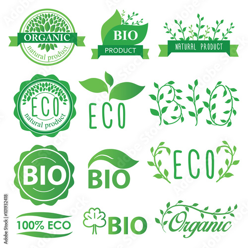 Set green, eco, bio and organic labels and stickers. Vector Illustration