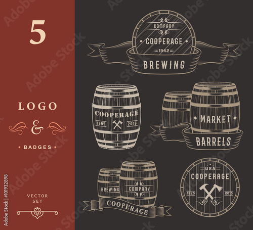 Set Wooden Casks Badges and Cooperage Logo