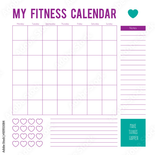 Fitness calendar plan for a week,calendar page. Vector printable boxes,half boxes, in flat colors for planners, Printable to do pages for life planner. Workout plan page
