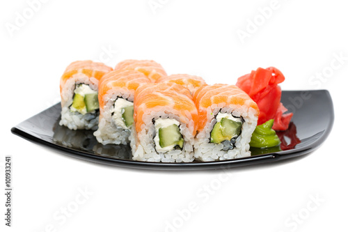 traditional fresh japanese sushi rolls on a white