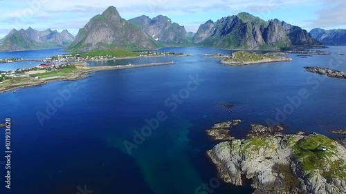 Aerial scenic view of Reine on Lofoten islands in Norway, popular tourist destination. Aerial 4k Ultra HD.