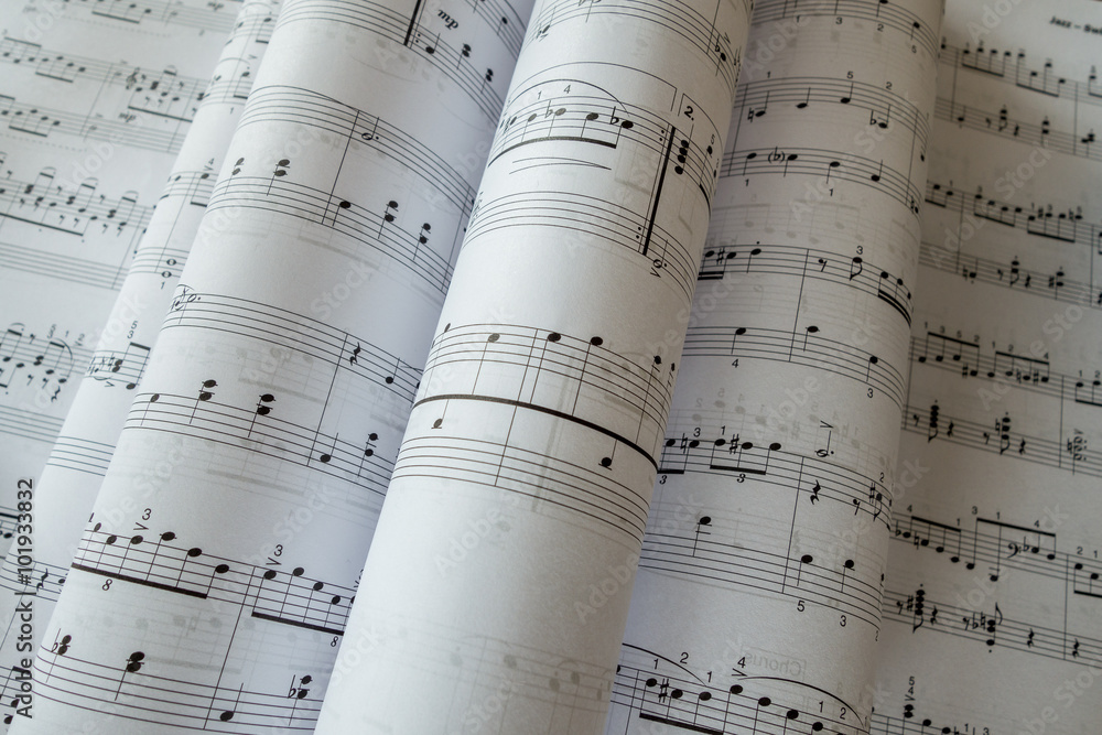 Naklejka premium Sheet Music Background Musical Notes with selective focus