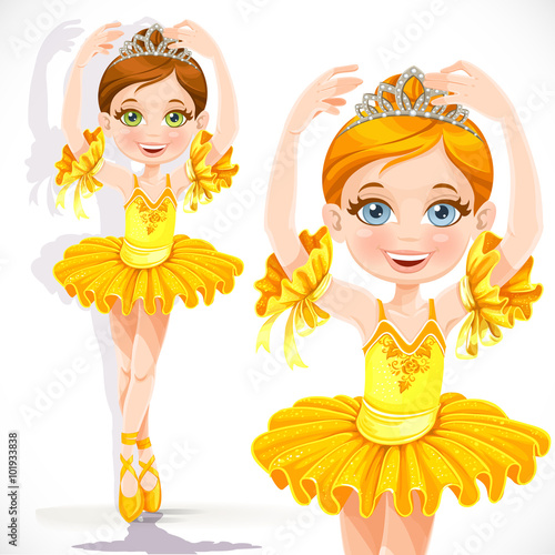 Beautiful little ballerina girl in yellow dress and tiara isolat