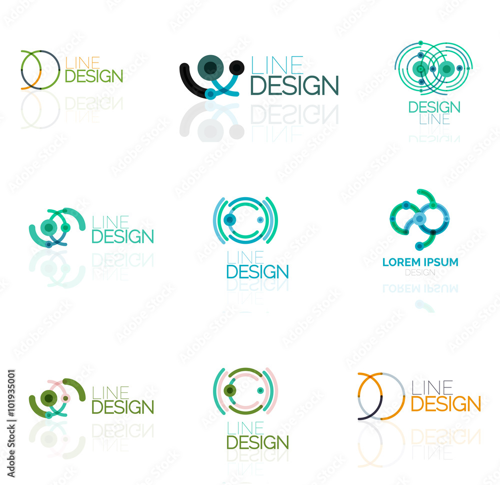 Linear vector abstract logo set, circles loops and swirls. Logotype brand templates