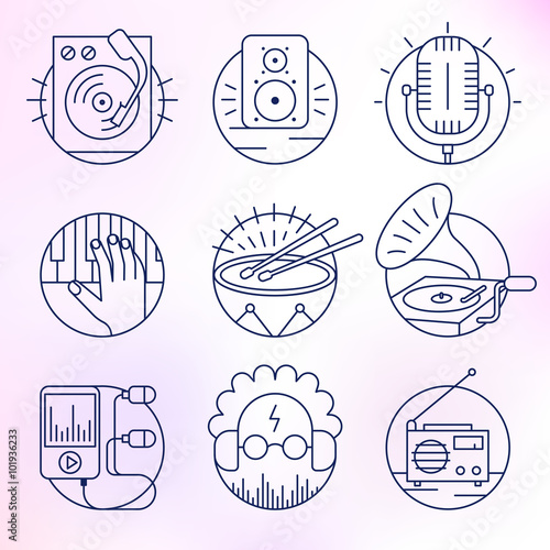 Set of music vector icons in modern linear style.