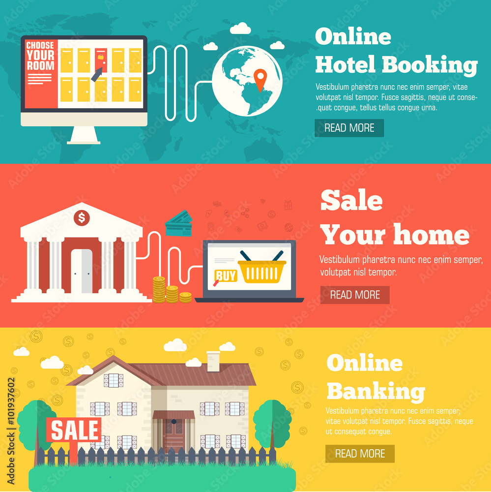 flat set of social business travel, online banking, parking and sale house banners design. Vector backgrounds concepts