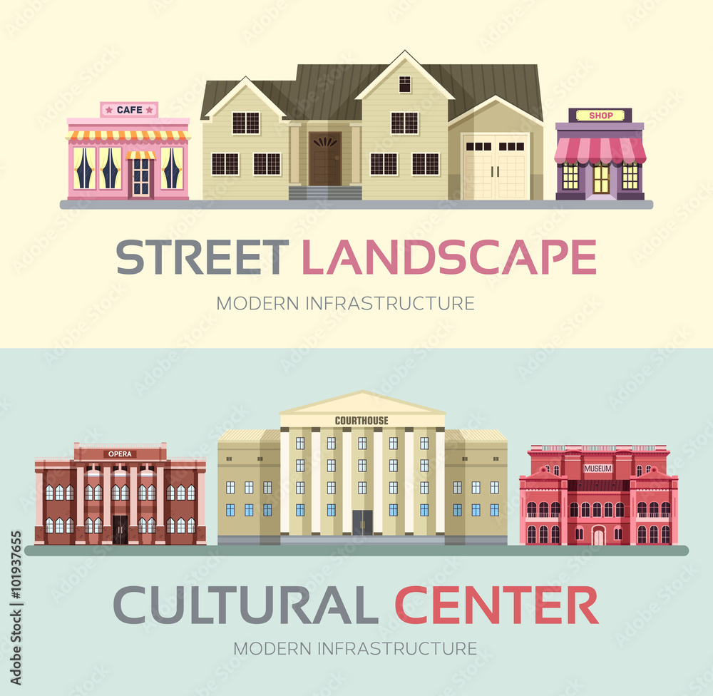 Landscape street town banners set. Town vector illustration design concept. 