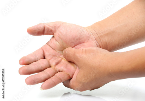 Man hands palm-side massage with pain on a white background.