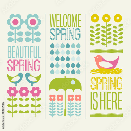 Spring seasonal design elements flowers birds and typography