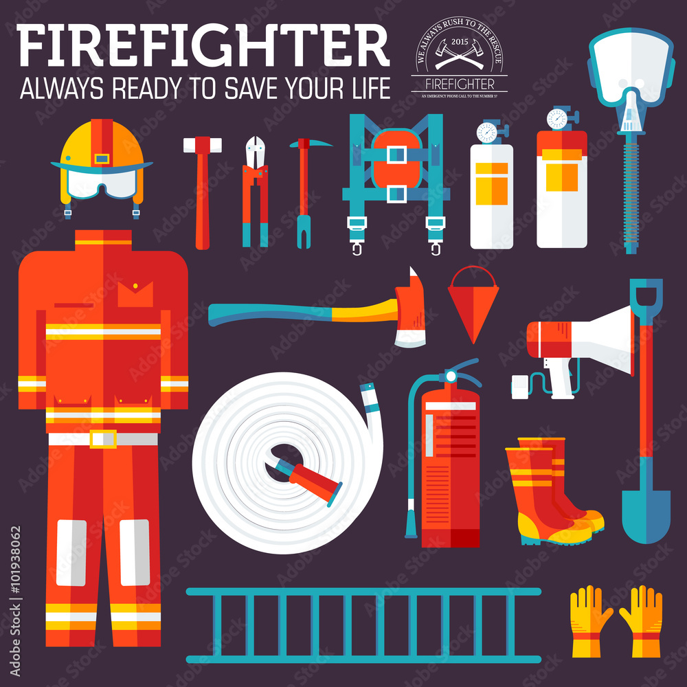 firefighter uniform and first help equipment and instruments. On flat ...