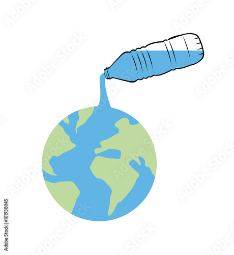 Vector image of a plastic water bottle pouring into the sea on a globe